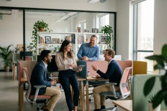 Groupe de quatre collègues souriants dans un bureau moderne
