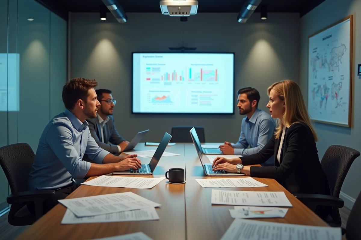 Équipe de professionnels en réunion autour d'un intranet IAD projeté pour définir et suivre des objectifs de chiffre d'affaires