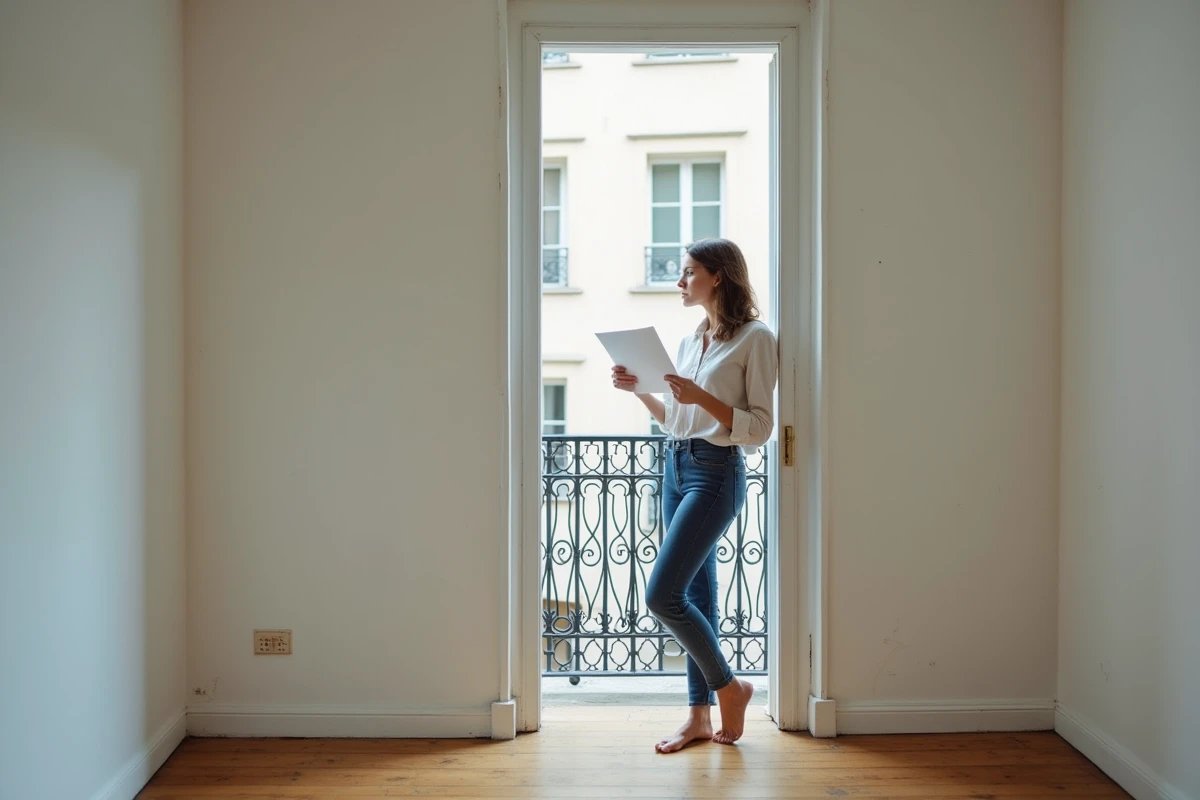 Une femme réalise l'état des lieux d'un appartement vide avant la signature du bail de colocation, checklist en main
