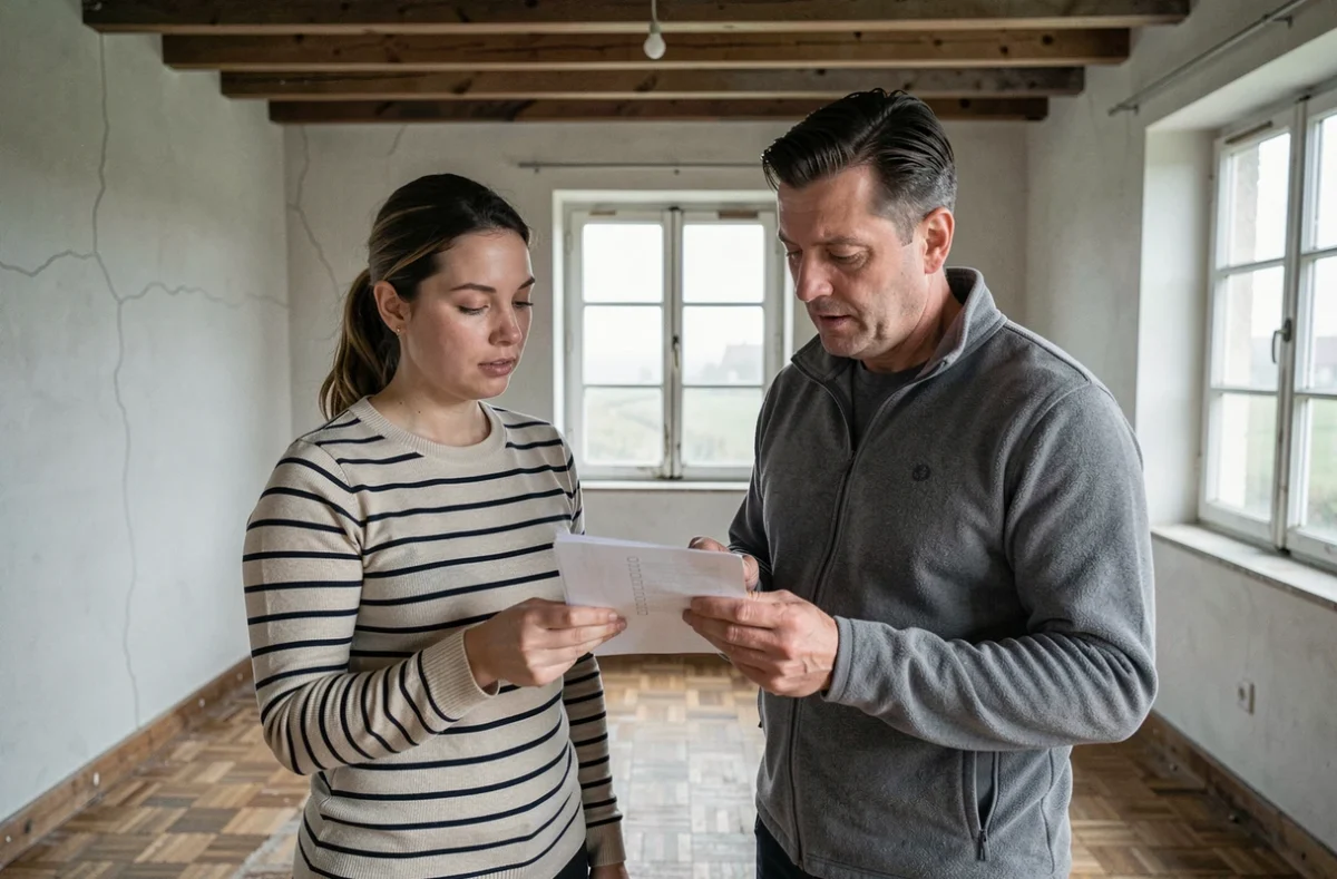 Couple vérifiant l'état des lieux d'une maison vide en location en Seine-Maritime