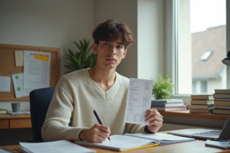 Jeune étudiant tenant une facture et sa carte d'étudiant