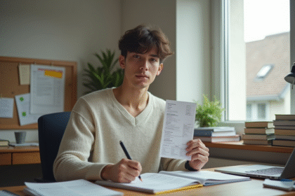 Jeune étudiant tenant une facture et sa carte d'étudiant