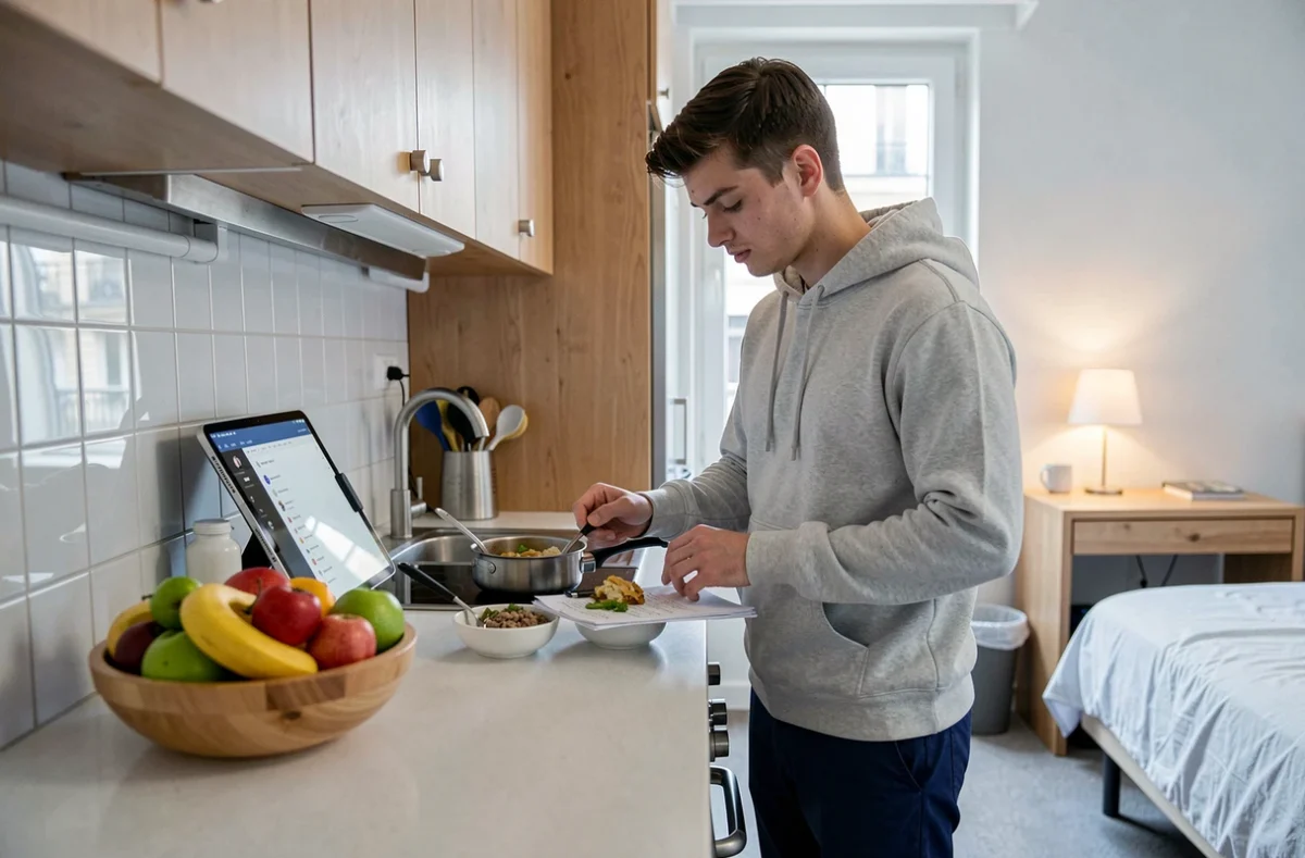 Étudiant dans la cuisine de son studio fonctionnel à La Roche-sur-Yon loué via Locama pour ses études