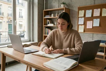 Étudiante concentrée dans un studio meublé moderne à La Roche-sur-Yon, idéal pour réussir ses études avec Locama