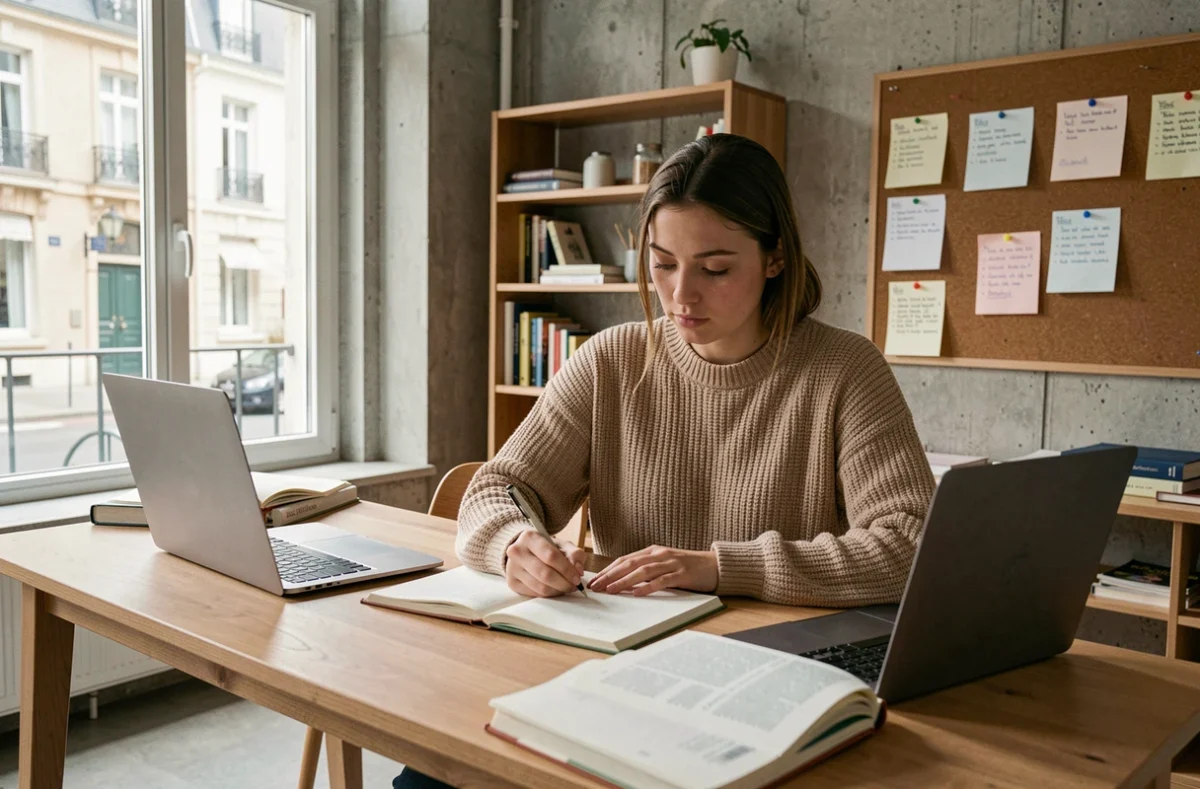 Étudiante concentrée dans un studio meublé moderne à La Roche-sur-Yon, idéal pour réussir ses études avec Locama