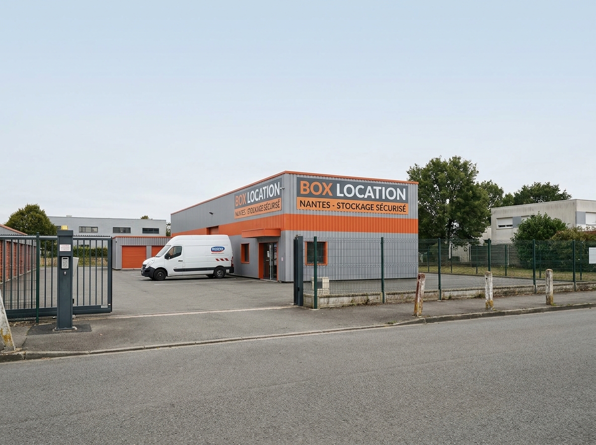 Façade extérieure d'un garde-meuble moderne à Nantes avec portail sécurisé, signalétique et parking pour véhicules de déménagement