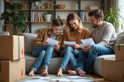Famille dans un salon avec cartons en pleine organisation