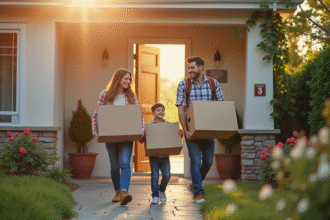 Famille souriante sortant de la maison au printemps