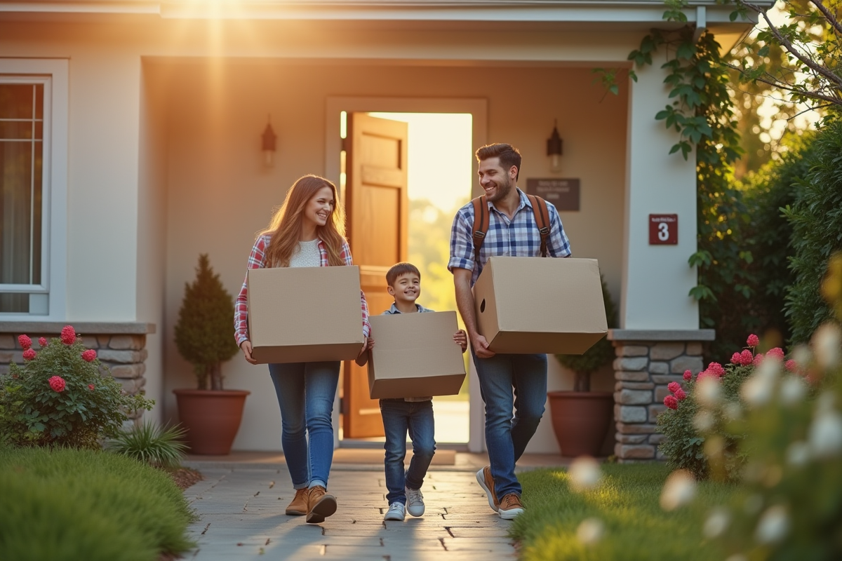 Famille souriante sortant de la maison au printemps