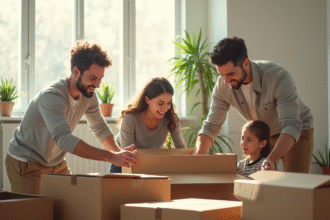 Famille heureuse emballant des cartons dans un salon lumineux