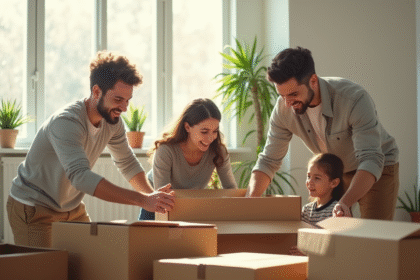 Famille heureuse emballant des cartons dans un salon lumineux