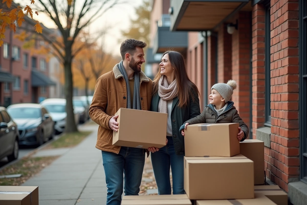 Famille souriante avec cartons devant un immeuble en ville