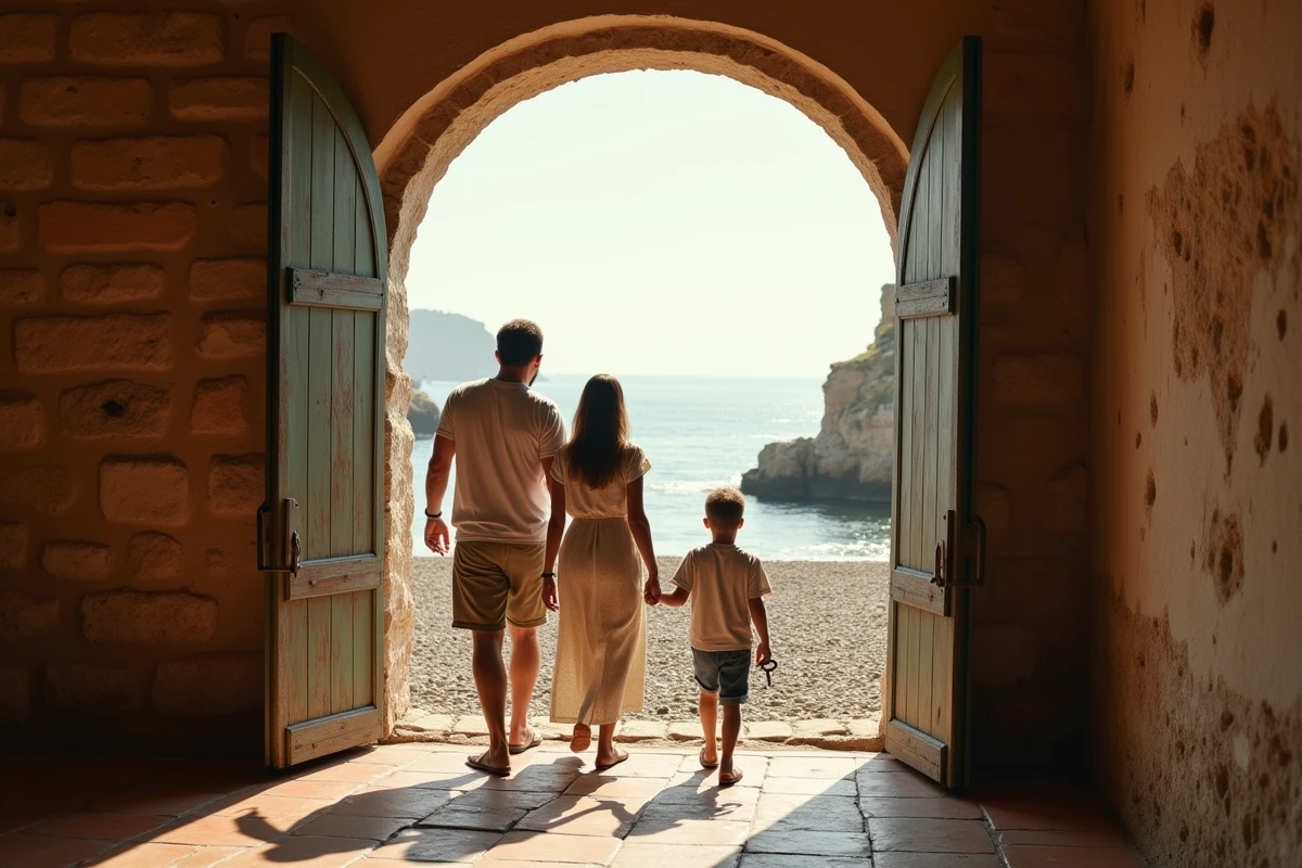 Famille explorant leur nouvelle maison normande avec vue sur la mer après l'achat