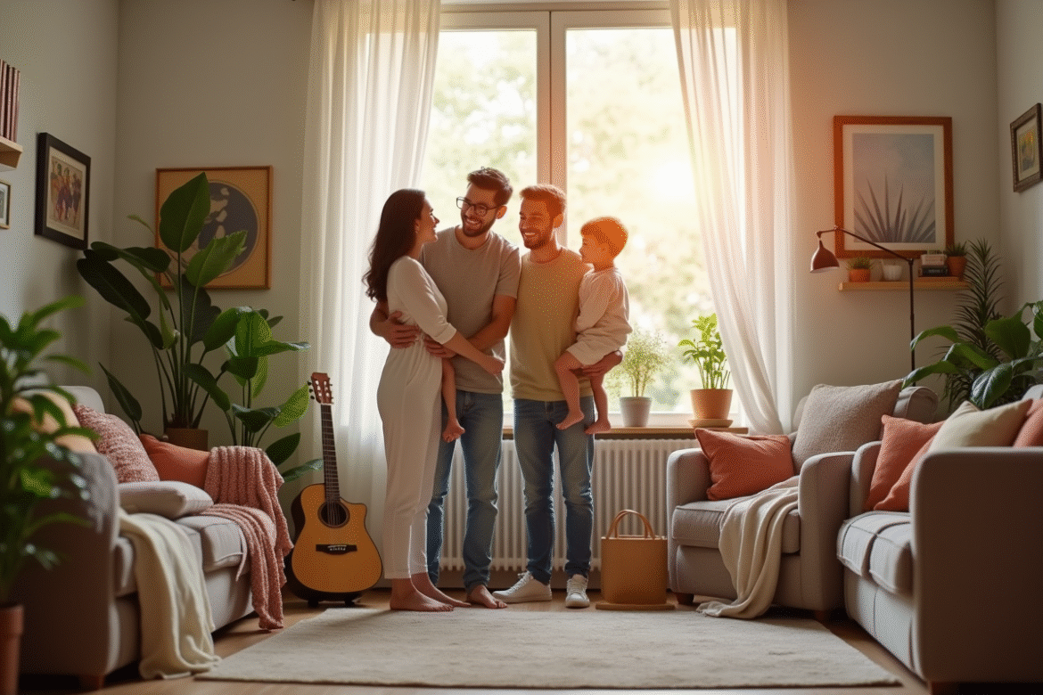 Famille heureuse dans un salon lumineux et cosy