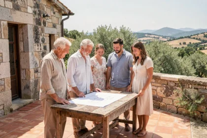 Famille multigénérationnelle visitant une maison en pierre traditionnelle en Corse du Sud avec vue sur le maquis
