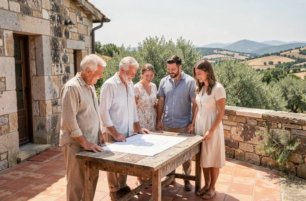 Famille multigénérationnelle visitant une maison en pierre traditionnelle en Corse du Sud avec vue sur le maquis