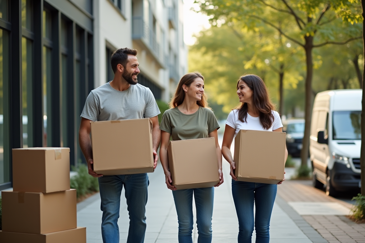 Famille souriante devant leur immeuble en déménagement