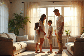 Famille heureuse dans un salon lumineux et moderne