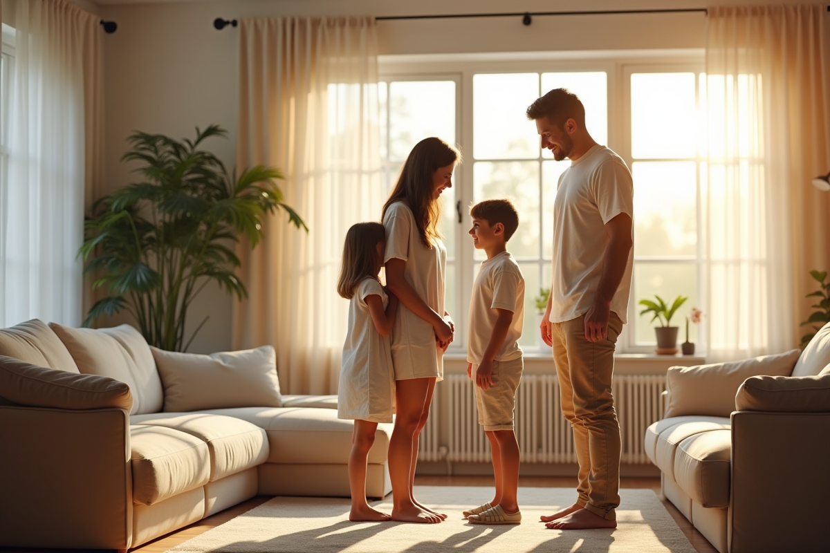 Famille heureuse dans un salon lumineux et moderne