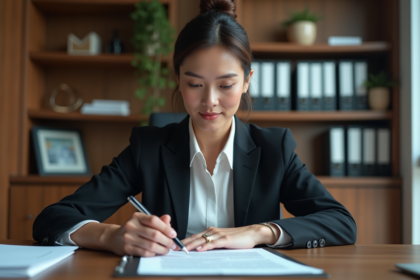 Femme d'affaires en costume examinant un contrat au bureau