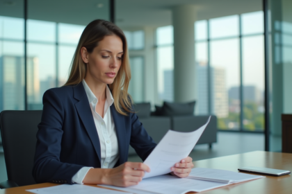 Femme d'affaires en blazer bleu dans un bureau moderne