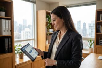 Femme d'affaires avec tablette dans un bureau moderne