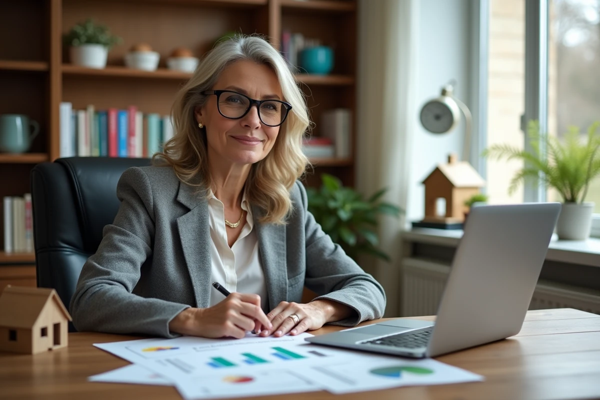 Femme analysant des offres immobilières et des simulations de prêt dans un bureau à domicile pour un projet d'achat ou de location en 2026
