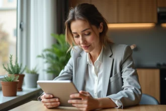 Femme utilisant une application de gestion de copropriété sur tablette dans un appartement moderne
