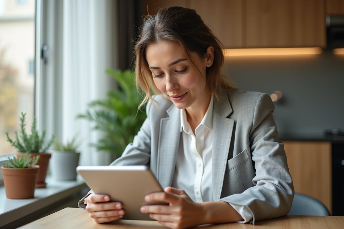 Femme utilisant une application de gestion de copropriété sur tablette dans un appartement moderne