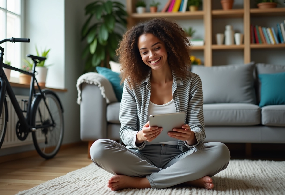 Jeune femme assise sur un tapis dans un salon avec une tablette affichant une application de location