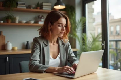 Femme assise à une table de cuisine lumineuse et moderne