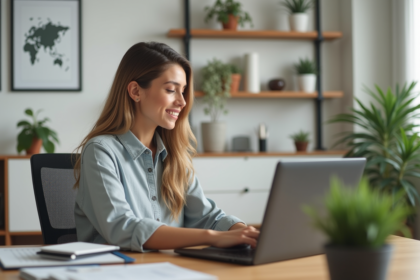 Femme en bureau maison gérant logiciel immobilier