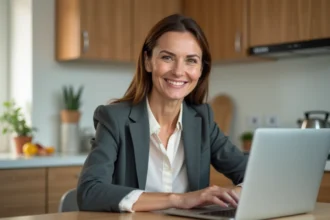 Femme souriante au bureau avec ordinateur portable