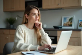 Femme en tenue décontractée dans une cuisine lumineuse