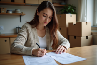 Jeune femme remplissant formulaire de changement d'adresse à la maison