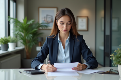 Femme en costume vérifiant un contrat de location au bureau