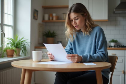 Femme lisant un contrat de location dans une cuisine moderne