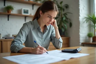 Femme concentrée avec contrat de location sur la table