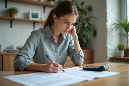 Femme concentrée avec contrat de location sur la table