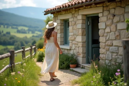 Femme joyeuse devant une maison en pierre en campagne