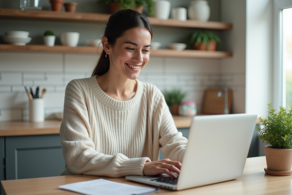 Femme souriante vérifiant ses projets immobiliers sur son ordinateur dans une cuisine lumineuse