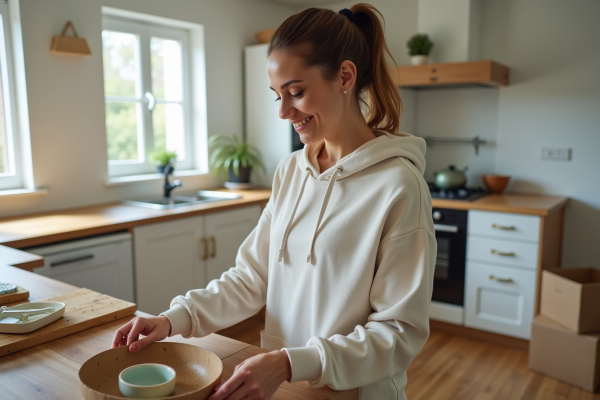 Femme déballant vaisselle dans sa nouvelle cuisine