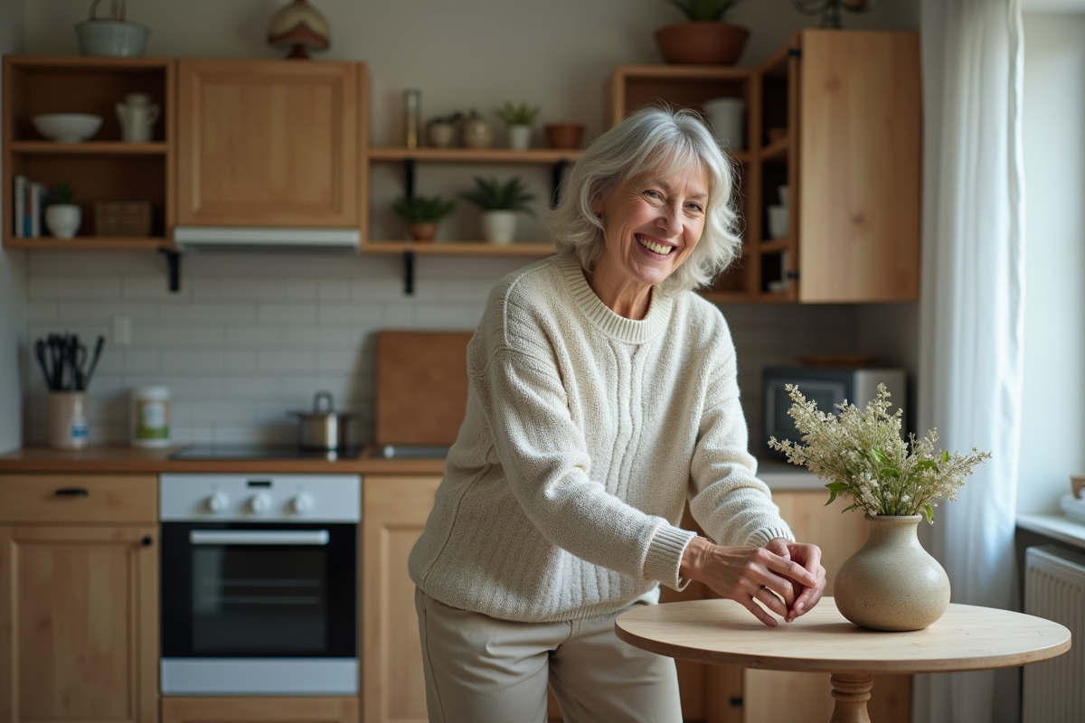 Femme souriante arrangeant decor dans une cuisine simple