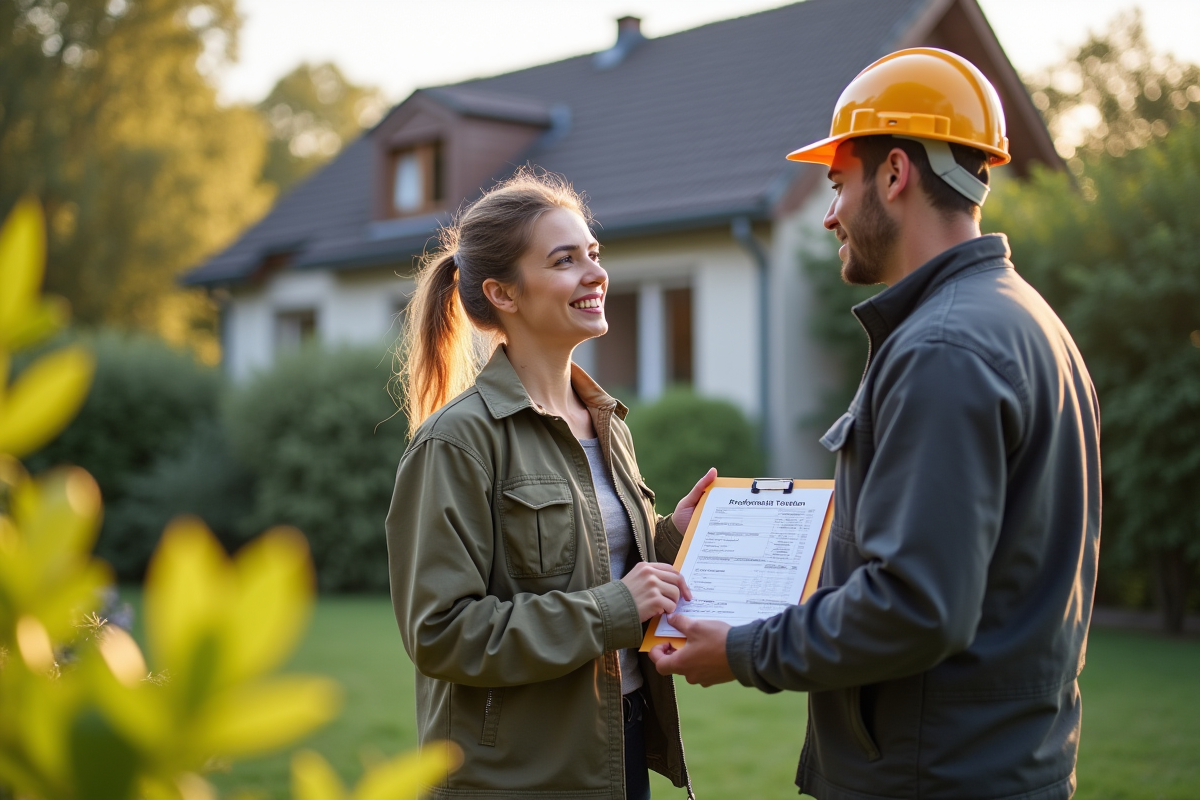 Jeune femme discutant devis avec un couvreur dans le jardin