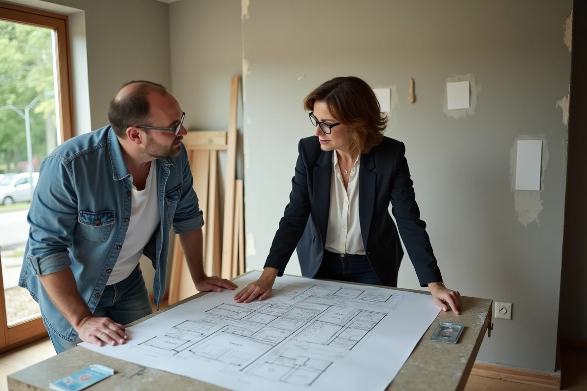 Femme discutant de plans de renovation avec un entrepreneur