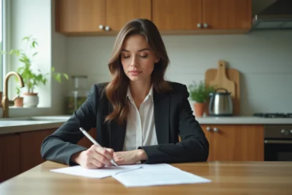 Femme écrivant une lettre dans sa cuisine moderne