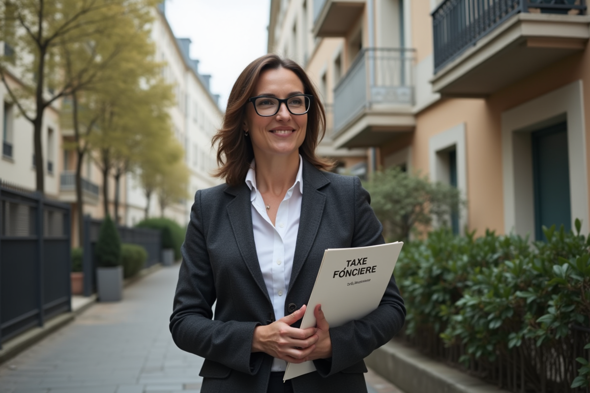 Femme professionnelle expliquant la taxe foncière devant un immeuble parisien