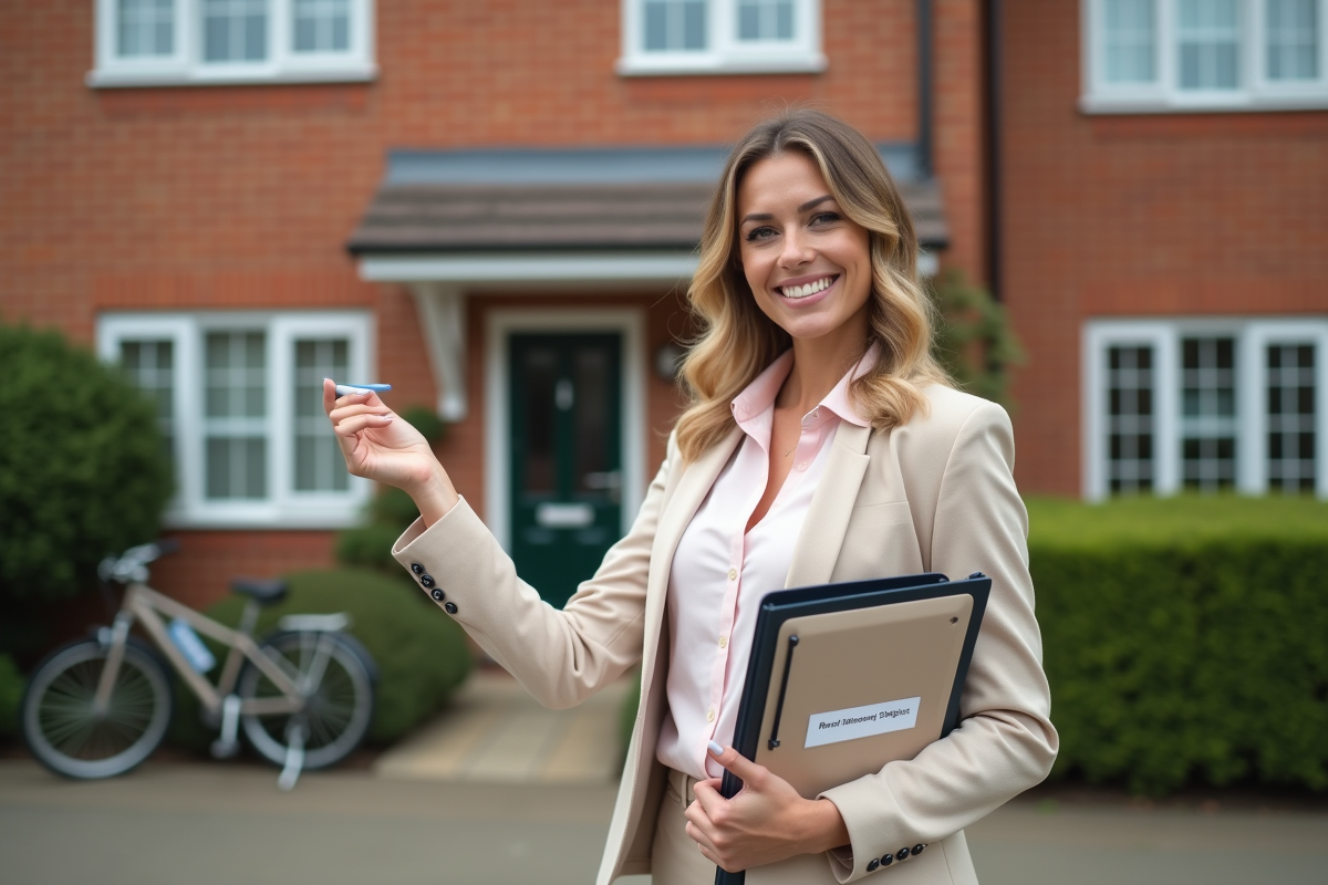 Femme souriante tenant un dossier devant une maison résidentielle