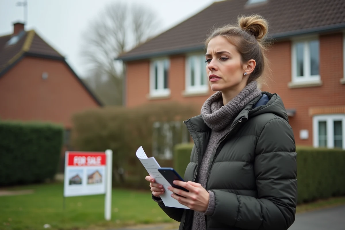 Femme regardant une brochure immobilière devant une maison