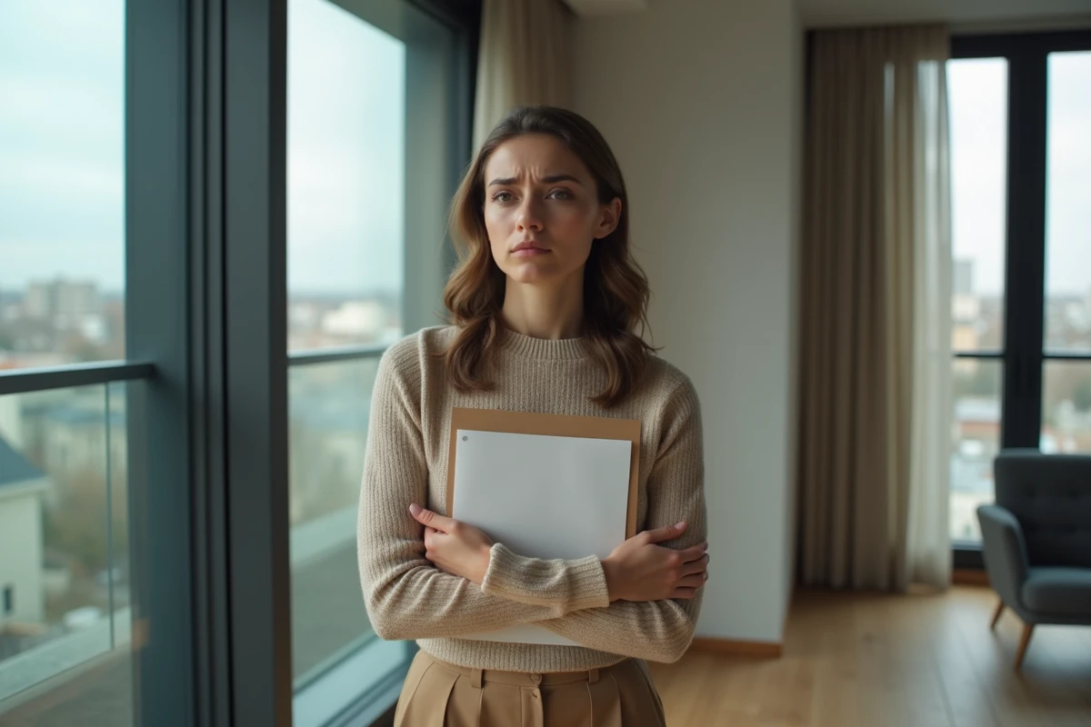 Femme inquiète tenant un dossier immobilier près d